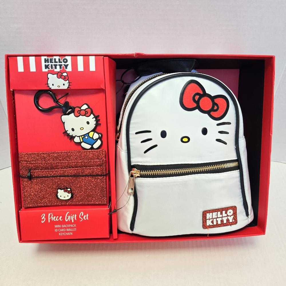 Hello Kitty 3 Piece Gift Set Mini Backpack ID Card Wallet Key Chain NEW